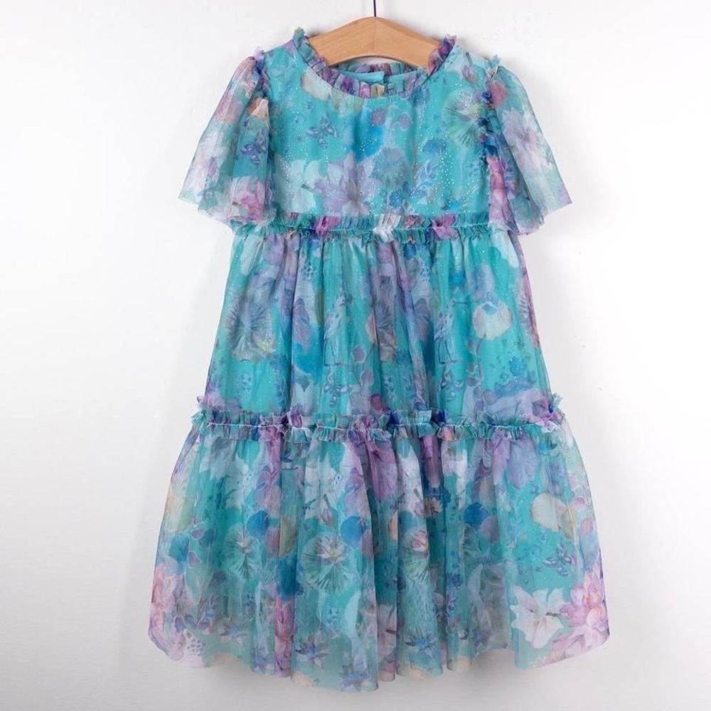 Next Floral Mesh Dress Kids 4-5 Years Teal Purple Glitter Ruffle Watercolor